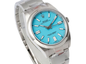 Oyster Perpetual 41 Stainless Steel with blue turquoise dial, silver hour markers, and polished bracelet.
