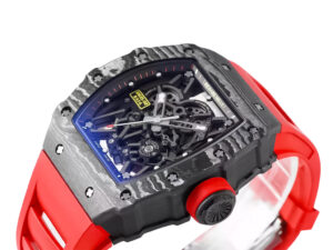 RM 35-02 Rafa watch with black bezel, red markers, skeleton dial, and red rubber strap (49mm) displayed at an angled view.