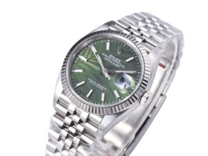 Datejust 36 Stainless Steel on Jubilee bracelet, featuring a Palm Motif green dial and fluted bezel with date display.
