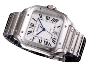 Santos Large Stainless Steel Watch with White Dial (40mm), featuring Roman numerals, date display, polished metal bracelet.