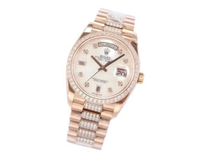 Day-Date 36 Rose Gold 'President' watch with Diamond Mother of Pearl Dial, Diamond Bezel, and signature bracelet design.