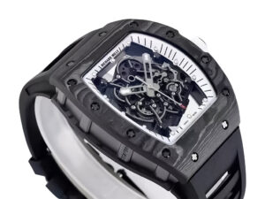 RM055 Bubba Watson watch with white skeleton dial, black carbon bezel, and black rubber strap (49mm) on a product page.
