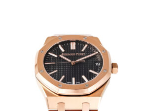 Royal Oak Pink Gold '50th Anniversary' watch with black dial, 41mm case, and iconic octagonal bezel displayed front view.