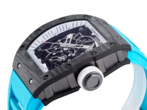 RM055 Bubba Watson watch with white dial, black bezel, blue rubber strap (49mm), showcasing intricate internal mechanics.