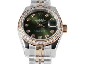 Lady-Datejust 28 Two Tone Rose Gold on Jubilee with Green Diamond Dial and Diamond Bezel displayed against white background.