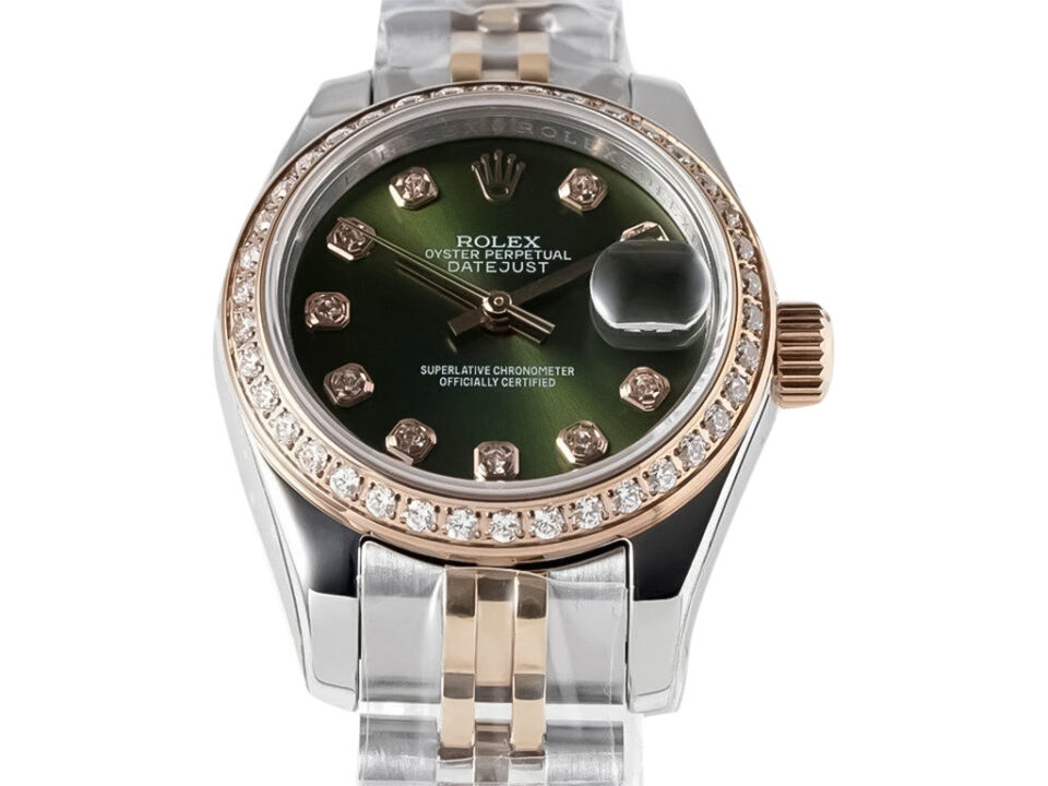 Lady-Datejust 28 Two Tone Rose Gold on Jubilee with Green Diamond Dial and Diamond Bezel displayed against white background.