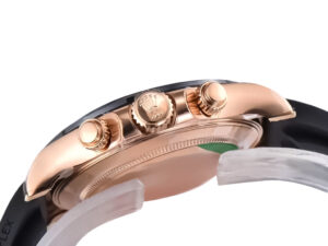 Side view of Cosmograph Daytona Rose Gold Oysterflex with Chocolate Dial, showcasing the crown and pushers in rose gold.