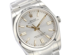 Oyster Perpetual 36 Stainless Steel watch with a silver dial, luminous markers, and sleek polished steel bracelet.