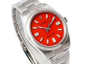 Oyster Perpetual 41 Stainless Steel watch with vibrant red dial, index hour markers, and a polished stainless steel bracelet.