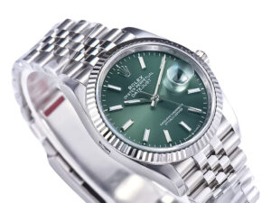 Datejust 36 Stainless Steel on Jubilee bracelet with mint green dial and fluted bezel, showcasing classic elegance.