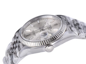 Datejust 36 Stainless Steel watch with Jubilee bracelet, silver dial, and fluted bezel displayed at an angled side view.