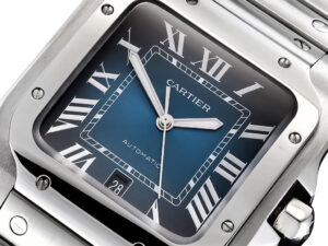 Santos Large Stainless Steel with Blue Dial (40mm) watch showcasing Roman numerals, date display, stainless steel design.