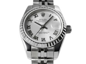 Lady-Datejust 28 Stainless Steel on Jubilee bracelet with white dial, Roman numerals, and fluted bezel displayed in close-up.