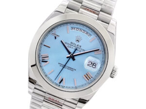 Day-Date 40 Platinum ‘President’ watch with Ice Blue Dial, Roman Numerals, Smooth Bezel, and signature presidential bracelet.