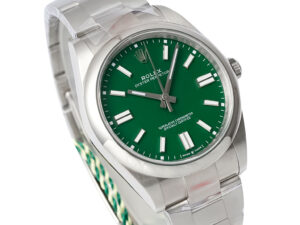 Oyster Perpetual 41 Stainless Steel watch featuring a vibrant green dial, sleek design, and polished metal bracelet.