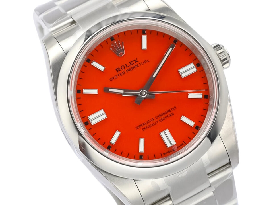 Stainless steel Oyster Perpetual 36 watch with vibrant red dial, index hour markers, and smooth bezel.