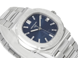 Nautilus Stainless Steel '40th Anniversary' watch with a 40mm case and blue dial featuring silver hour markers.