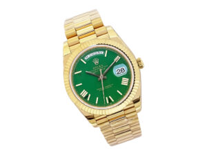 Day-Date 40 Yellow Gold 'President' watch with green dial, Roman numerals, fluted bezel, and gold bracelet.