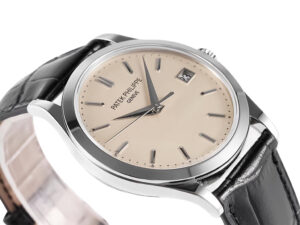 Calatrava Stainless Steel with Ivory Dial (38mm) featuring a sleek black leather strap and minimalist design.