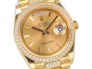 Day-Date 36 Yellow Gold 'President' with Champagne Dial, Diamond Bezel, and Day-Date display on the product page.