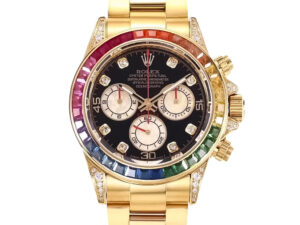 Cosmograph Daytona Yellow Gold ‘Rainbow’ watch with diamond bezel, black dial, and multicolored sapphire hour markers.