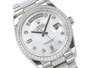 Day-Date 36 Stainless Steel ‘President’ watch with Diamond Mother of Pearl Dial, Diamond Bezel, and day-date display.