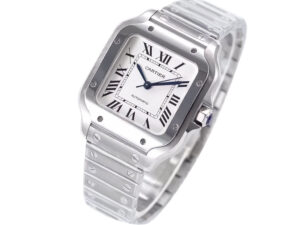Santos Medium Stainless Steel Watch with White Dial (35mm), featuring Roman numerals and a metallic bracelet.