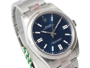 Oyster Perpetual 41 Stainless Steel watch with blue dial, luminous hour markers, and smooth bezel displayed at an angle.