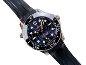 Seamaster Diver 300 'James Bond' watch with a blue dial, stainless steel case, and black rubber strap (42mm).