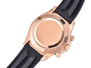 Back view of Cosmograph Daytona Rose Gold Oysterflex watch, showcasing its rose gold case and black rubber strap.