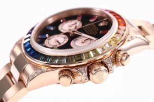 Close-up of Cosmograph Daytona Rose Gold 'Rainbow' watch with diamond bezel and multicolored sapphire accents on the dial.