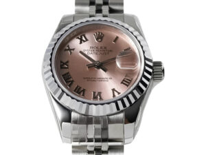 Lady-Datejust 28 Stainless Steel watch with Jubilee bracelet, pink dial featuring Roman numerals, and fluted bezel.