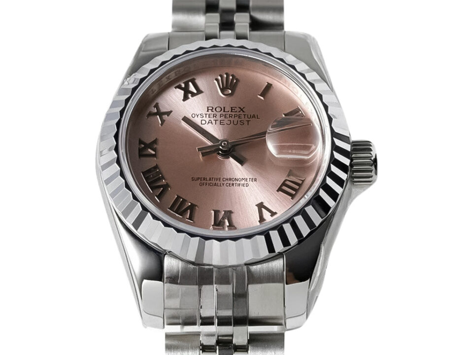Lady-Datejust 28 Stainless Steel watch with Jubilee bracelet, pink dial featuring Roman numerals, and fluted bezel.
