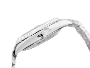 Side view of the Day-Date 40 White Gold ‘President’ watch featuring a black dial, fluted bezel, polished bracelet details.