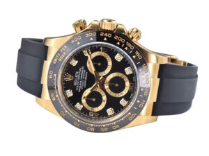 Cosmograph Daytona Yellow Gold Oysterflex Diamond Black Dial watch featuring a black strap and gold accents.