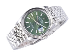 Datejust 36 Stainless Steel watch on Jubilee bracelet with green palm motif dial, fluted bezel, date display at 3 o’clock.