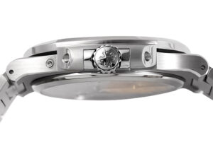 Side view of the Nautilus Moonphase Stainless Steel watch showcasing its crown detailing and brushed metal finish.