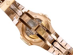 Back view of the Nautilus Rose Gold with Chocolate Dial (40mm) showcasing the transparent case back and intricate movement.