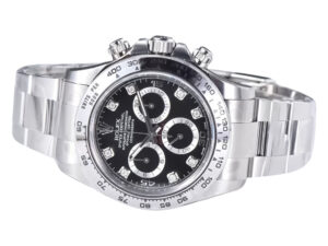 Cosmograph Daytona Stainless Steel watch with Diamond Black Dial featuring chronograph functions, stainless steel bracelet.