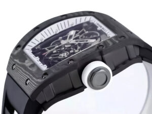 RM055 Bubba Watson with a white dial, black bezel, and black rubber strap (49mm), featuring an intricate skeletonized design.