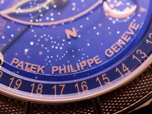 Close-up of the Celestial Only Watch Rose Gold with Blue Dial showcasing intricate cosmic details and rose gold accents.