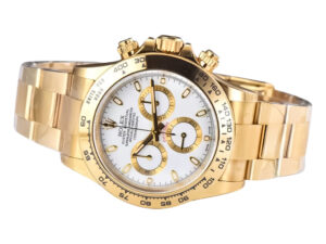 Cosmograph Daytona Yellow Gold with White Dial watch, featuring a gold bracelet and three sub-dials on the white face.