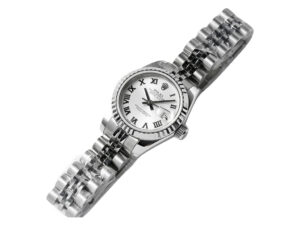 Lady-Datejust 28 stainless steel watch on Jubilee bracelet with white dial, Roman numerals, and fluted bezel.