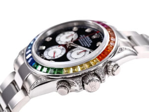 Cosmograph Daytona Stainless Steel 'Rainbow' watch with diamond bezel and multicolored gemstone accents on the dial.