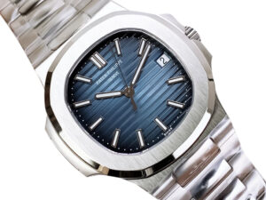 Nautilus Stainless Steel watch with blue dial, 40mm case size, featuring a date display and sleek stainless steel bracelet.