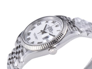 Datejust 36 Stainless Steel watch on Jubilee bracelet, white dial with Roman numerals, and fluted bezel displayed at angle.