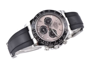 Cosmograph Daytona Stainless Steel Oysterflex watch with Grey Sunburst Dial, black ceramic bezel, and black rubber strap.