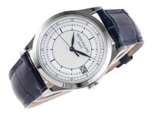 Calatrava Stainless Steel ‘Scientific’ watch with 38mm silver dial and blue leather strap, displayed at an angle.
