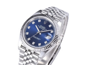 Datejust 41 Stainless Steel watch on Jubilee bracelet with Diamond Blue Dial and Fluted Bezel, featuring a date display.