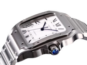 Close-up of Santos Large Stainless Steel Watch (40mm) with white dial, Roman numerals, and blue crown detailing.